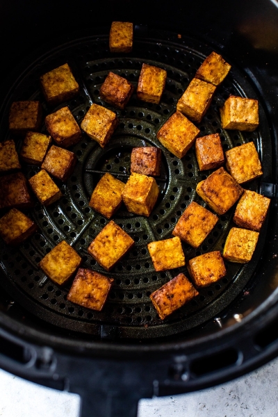 Air Fryer Peanut Curry Tofu with Gingery Cauliflower Rice