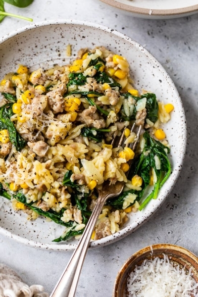 One-Pot Orzo with Italian Sausage, Corn and Spinach