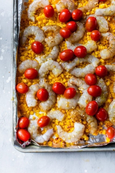 Old Bay Sheet Pan Shrimp with Corn and Tomatoes